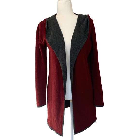 BNCI by Blanc Noir Red Wool Blend Hooded Long Sleeve Long Line Cardigan Sweater - Picture 2 of 10